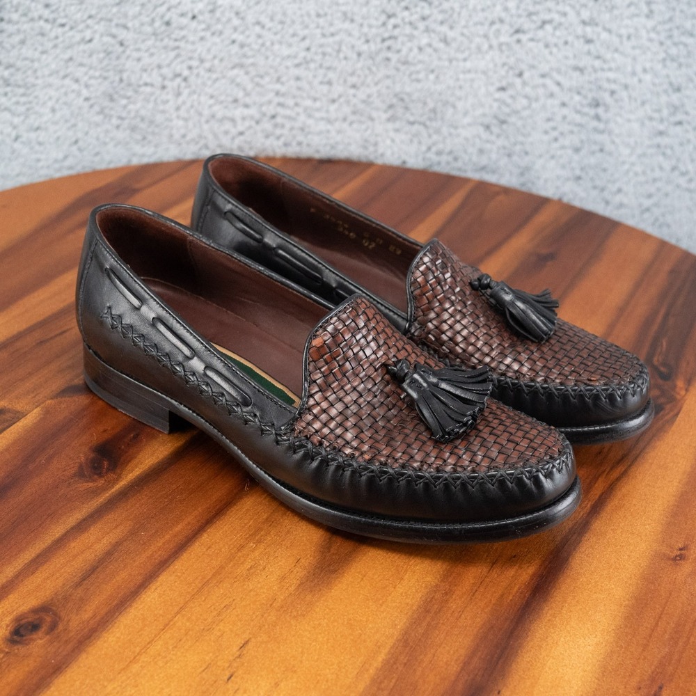 Cole Haan Loafers Brown Woven Black Leather Tassel Round Apron Toe Size 6 B